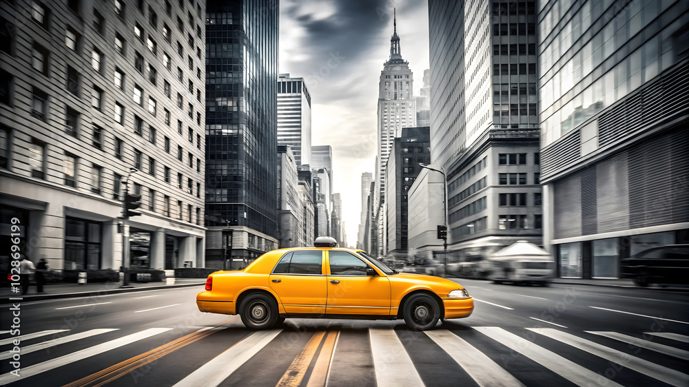 Solid minimalist yellow taxi in New York City background Solid minimalist yellow taxi in New York City background
