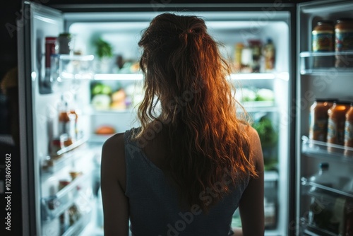 Rear View Of Woman Looking In Fridge, Generative AI photo