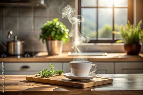 Wallpaper Mural Minimalist Kitchen Aesthetic with Smoke Emitting from a Coffee Cup, Perfect for Cozy Home Decor and Relaxation Vibes Torontodigital.ca