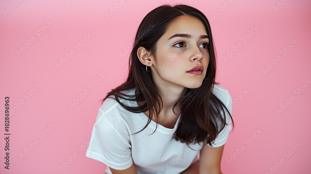 Minimalist Portrait of a Young Girl in White T-Shirt Listening Intently on Pink Background Minimalist Portrait of a Young Girl in White T-Shirt Listening Intently on Pink Background