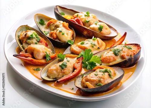 Minimalist Front View of Piquillos Rellenos de Marisco with Seafood in Creamy Sauce on Tapas Plate for Food Photography