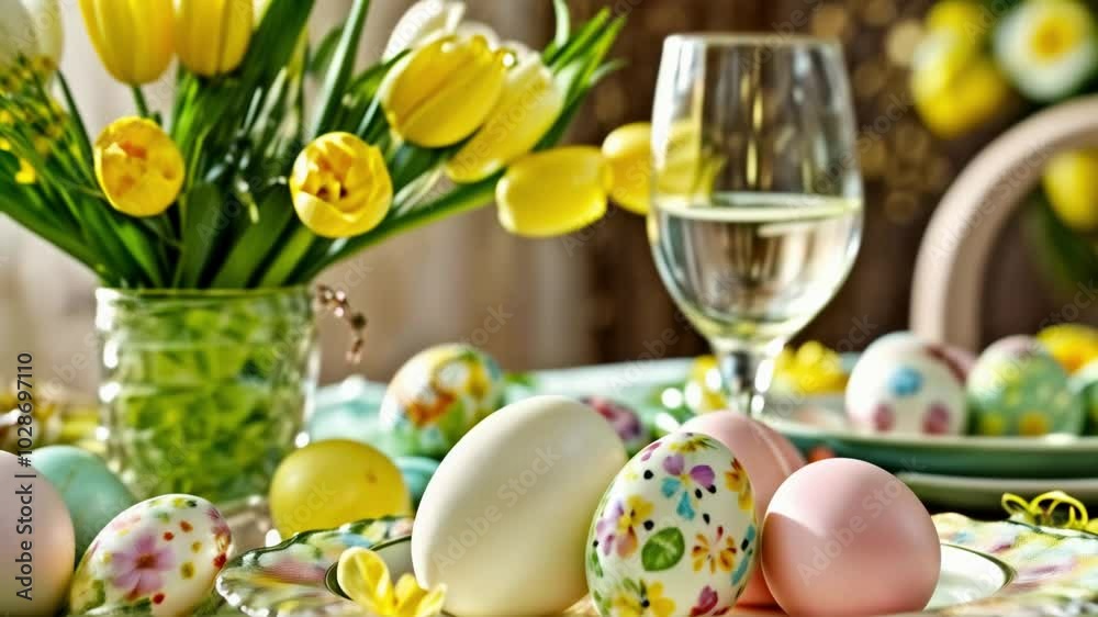 Easter Table With Painted Eggs, Yellow Tulip Flowers, And Festive Decorations Easter Table With Painted Eggs, Yellow Tulip Flowers, And Festive Decorations
