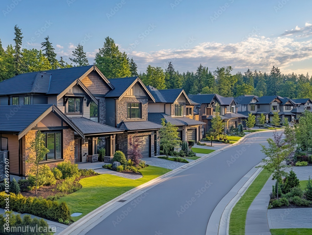 Naklejka premium modern minimalistic view of a suburban neighborhood lined with contemporary houses, showcasing sleek architecture, greenery, and open spaces, ideal for real estate marketing