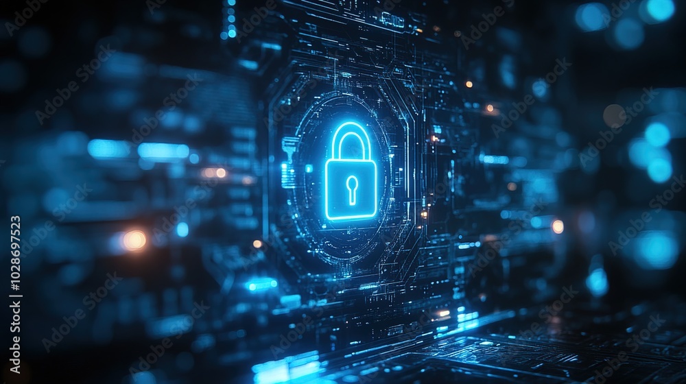 Blue Padlock Icon Placed on a Futuristic Interface Blue Padlock Icon Placed on a Futuristic Interface