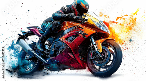 A vibrant illustration of a motorcycle rider in action. photo