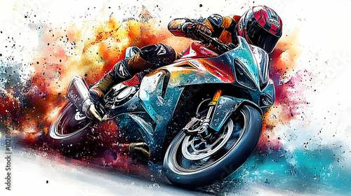 Dynamic motorcycle artwork with vibrant colors and motion effects. photo