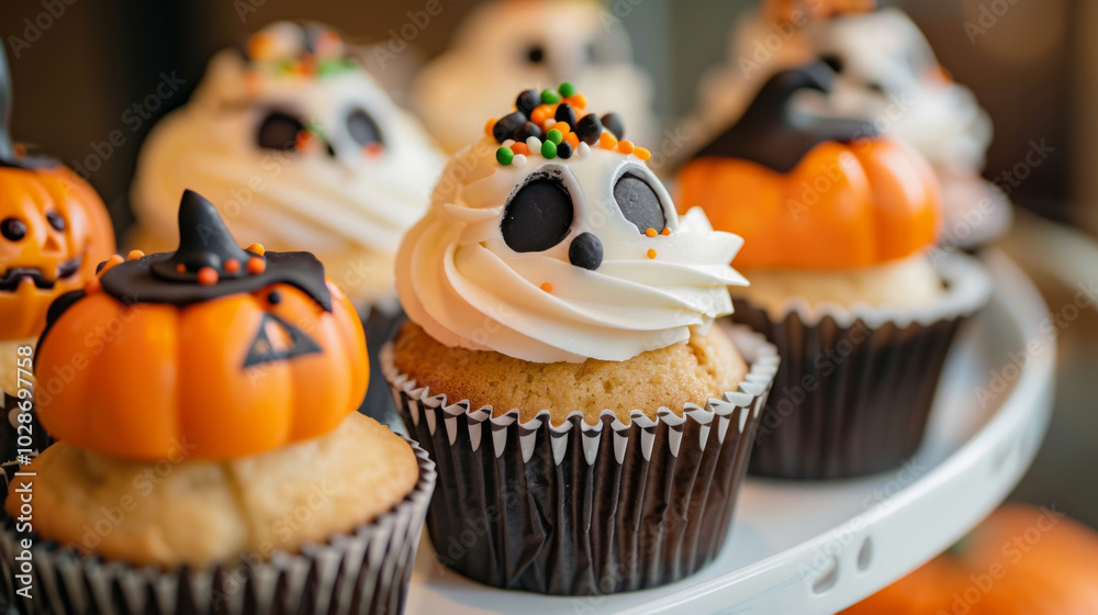 Delicious Halloween-themed cupcakes decorated with ghosts and pumpkins for a festive celebration Delicious Halloween-themed cupcakes decorated with ghosts and pumpkins for a festive celebration