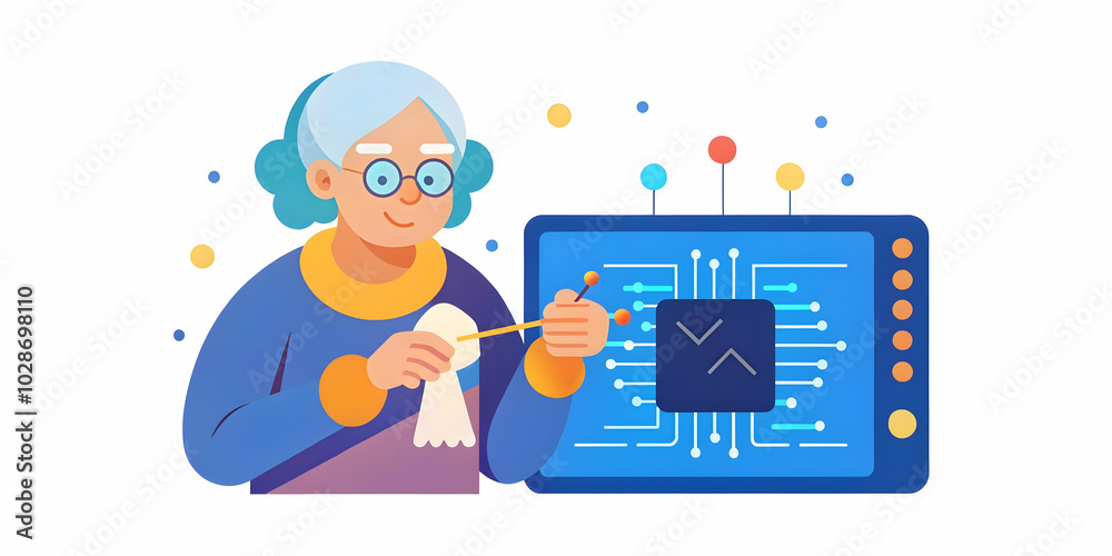 Elderly Woman Happily Knitting with Digital Pattern Display in Macro Close-Up - Blending Tradition and Technology in Joyful Crafting Moments | Photo Stock Concept Elderly Woman Happily Knitting with Digital Pattern Display in Macro Close-Up - Blending Tradition and Technology in Joyful Crafting Moments | Photo Stock Concept