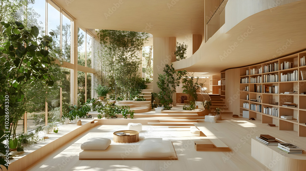 Modern interior with natural elements and cozy seating areas. Modern interior with natural elements and cozy seating areas.