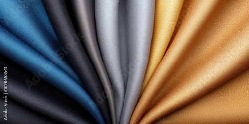 Close-up of colorful folded fabrics in shades of gold, blue, gray, and black, showcasing texture and material for design and fashion.