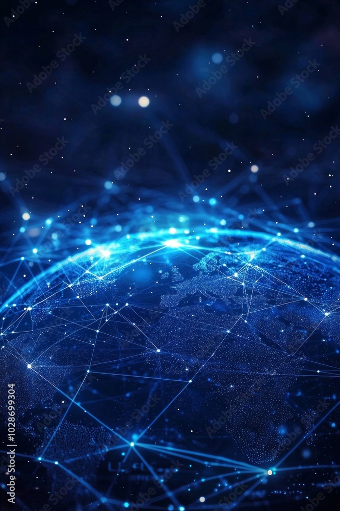 Abstract digital world map with global network connections and data transfer, technology background concept. Blue glowing lines on a dark blue background.