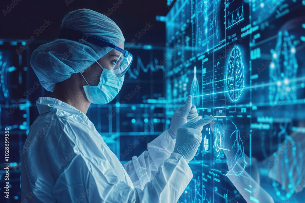 Medical researcher analyzing brain scan data on futuristic digital interface, wearing protective gear in high-tech laboratory environment Medical researcher analyzing brain scan data on futuristic digital interface, wearing protective gear in high-tech laboratory environment