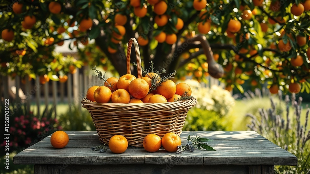 Ripe Tangerines in a Basket on a Wooden Table - Orange Fruit Harvest in a Lush Garden Setting Ripe Tangerines in a Basket on a Wooden Table - Orange Fruit Harvest in a Lush Garden Setting