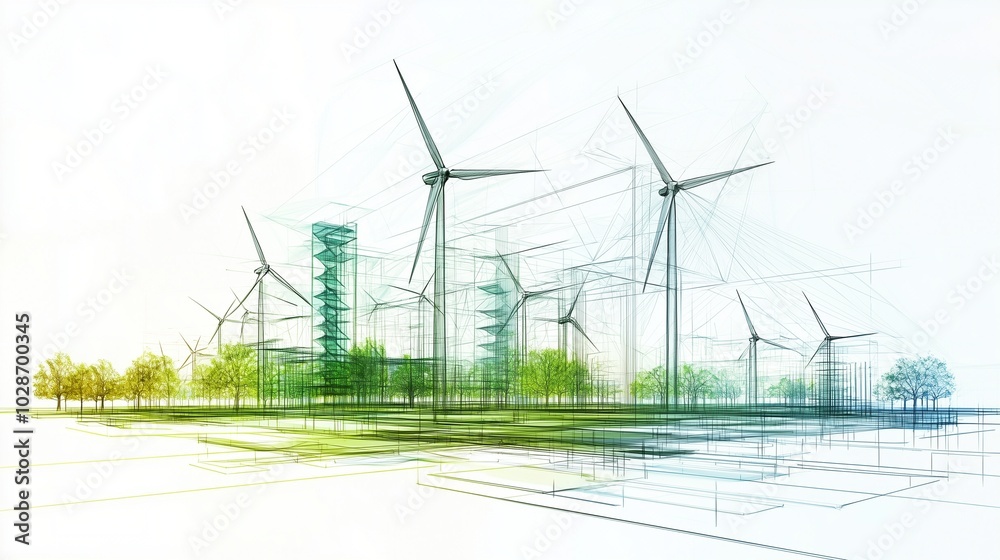 Wind turbines in a field, symbolizing renewable energy and sustainability. Wind turbines in a field, symbolizing renewable energy and sustainability.