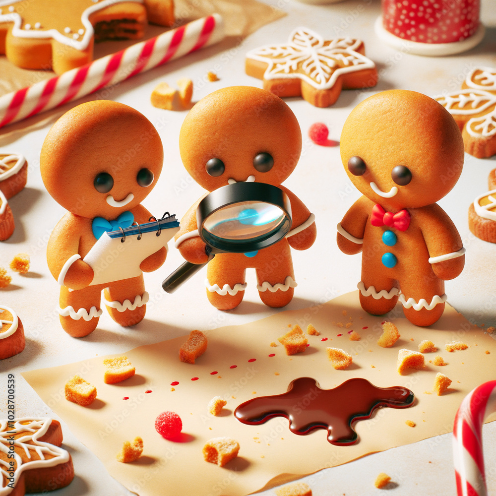 Fototapeta premium Three gingerbread figures investigating a mysterious stain on parchment paper in a festive kitchen setting, surrounded by holiday decorations and cookies