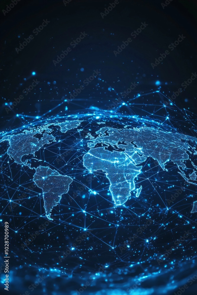 Abstract digital world map with global network connections and data transfer, technology background concept. Blue glowing lines on a dark blue background. Abstract digital world map with global network connections and data transfer, technology background concept. Blue glowing lines on a dark blue background.