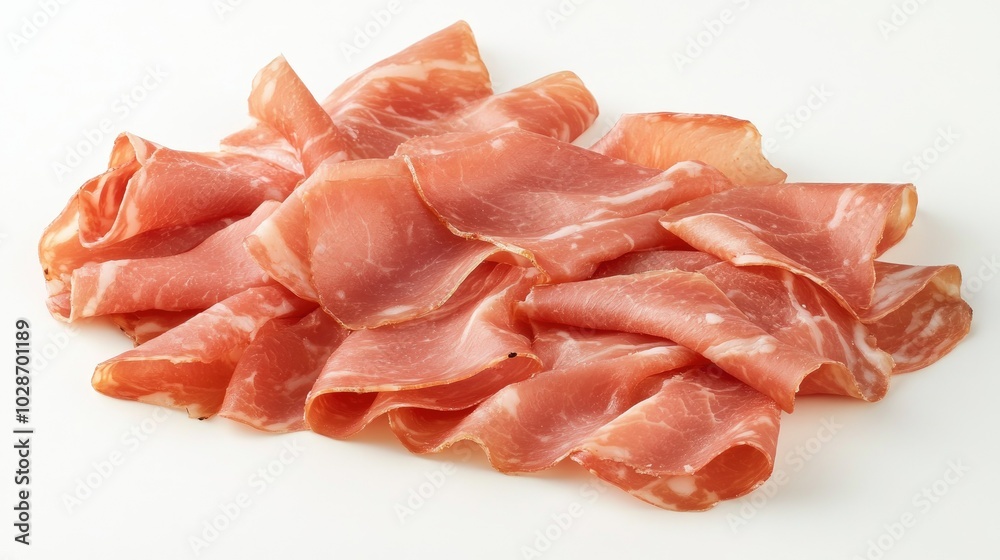 Delicate Slices of Prosciutto on White Background Delicate Slices of Prosciutto on White Background