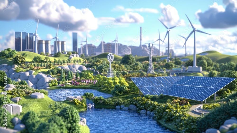 Fototapeta premium Vibrant 3D Representation of Renewable Energy Landscape