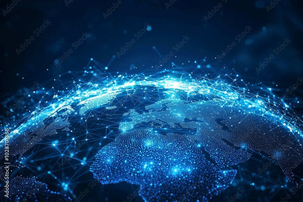 Obraz premium Abstract digital world map with global network connections and data transfer, technology background concept. Blue glowing lines on a dark blue background.