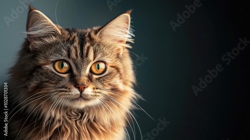 Close-up of a majestic tabby cat with striking golden eyes.