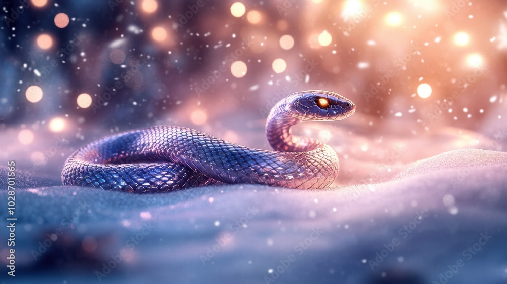 Glossy 3D snake with iridescent scales winding through snowy landscape, surrounded by warm lights and falling snowflakes for an elegant winter scene. Christmas Glossy 3D snake with iridescent scales winding through snowy landscape, surrounded by warm lights and falling snowflakes for an elegant winter scene. Christmas