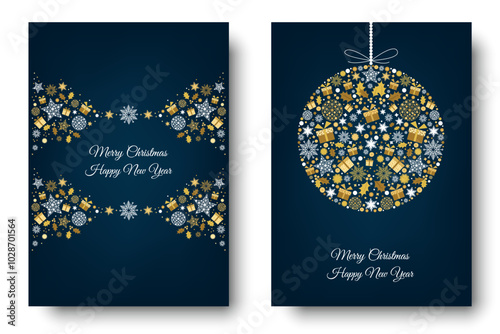 Merry Christmas greeting card on blue background.