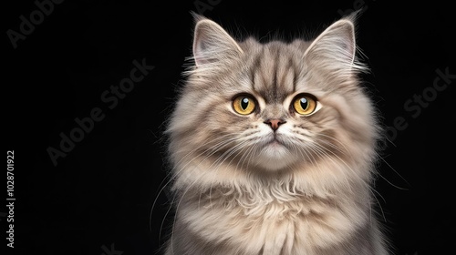 Persian cat with striking yellow eyes, against a dark background.
