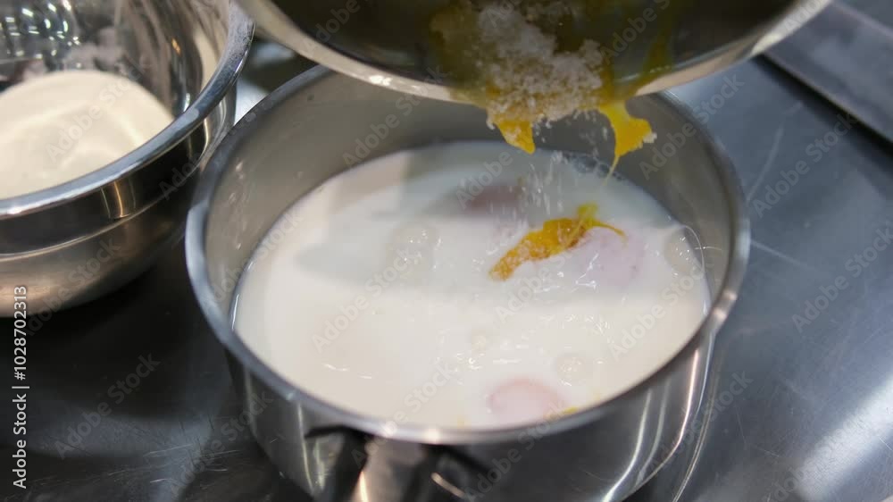 add yolks to milk Milk pouring into bowl with eggs, slow motion. Preparation of the dough. Chef pours milk in a glass bowl. add yolks to milk Milk pouring into bowl with eggs, slow motion. Preparation of the dough. Chef pours milk in a glass bowl.