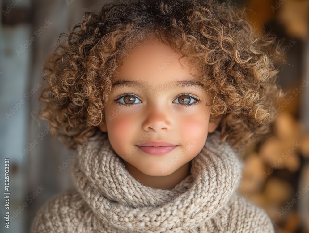 portrait of a cheerful young multiracial child with curly hair in a cozy sweater, set against a warm, inviting background that highlights innocence, playfulness, and the joy of childhood portrait of a cheerful young multiracial child with curly hair in a cozy sweater, set against a warm, inviting background that highlights innocence, playfulness, and the joy of childhood
