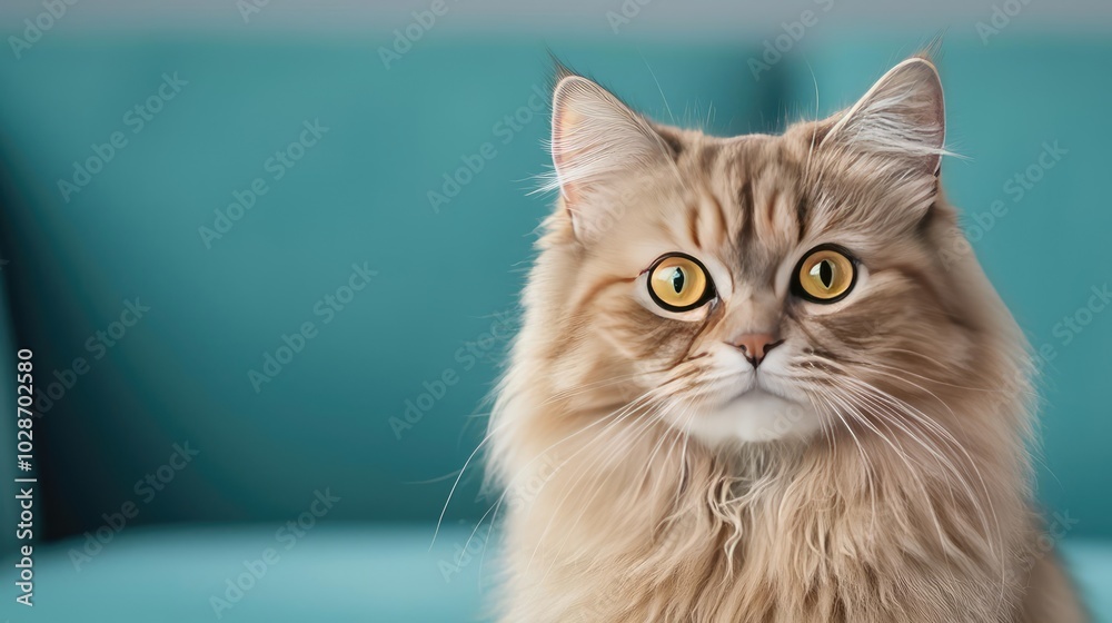 Close-up of a fluffy cat with expressive yellow eyes on a colorful couch. Close-up of a fluffy cat with expressive yellow eyes on a colorful couch.