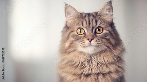 Fluffy cat with striking eyes, portrait style, soft focus background.