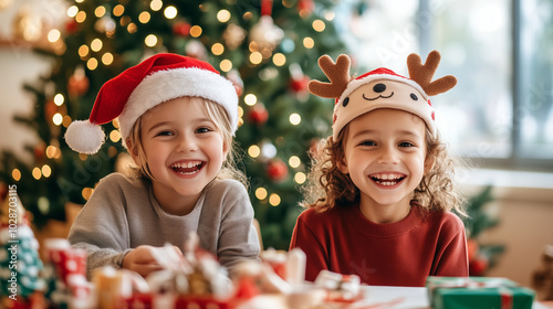 Two cheerful children wearing homemade Christmas hats sit at a table full of craft supplies, with a beautifully decorated Christmas tree behind them. One child has a Santa hat made