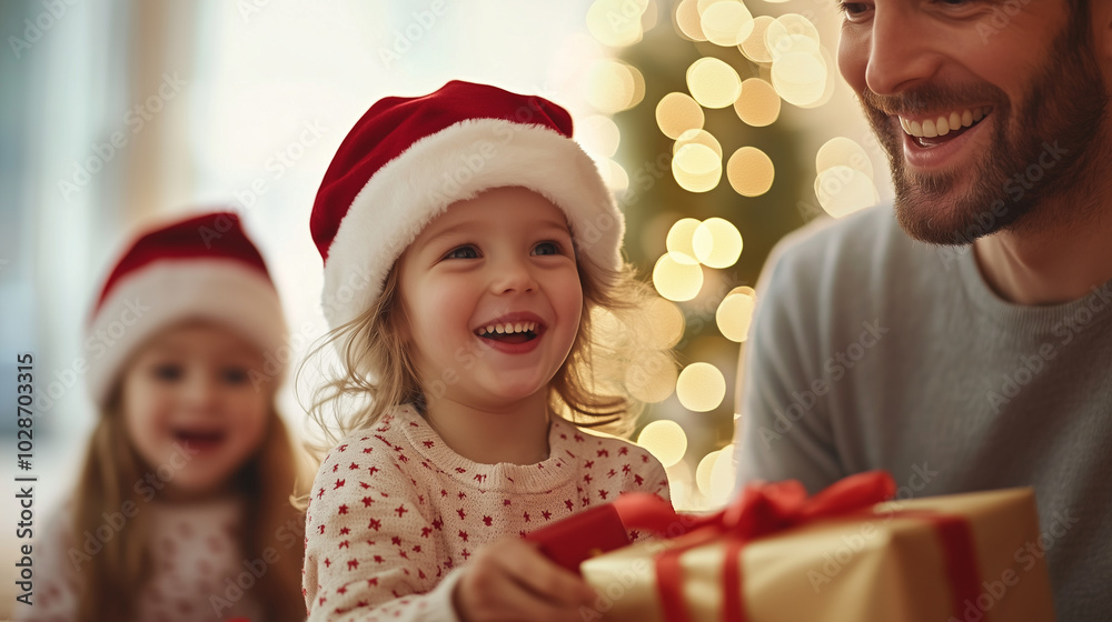 A joyful Christmas morning scene where children excitedly unwrap gifts in their festive pajamas, with a father smiling nearby. The holiday cheer is captured through bright expressi A joyful Christmas morning scene where children excitedly unwrap gifts in their festive pajamas, with a father smiling nearby. The holiday cheer is captured through bright expressi