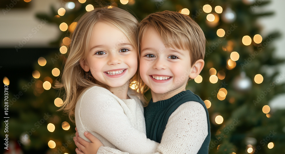 Two cheerful children hugging in front of a beautifully decorated Christmas tree, capturing the joy and warmth of the holiday season. Their big smiles and the cozy, festive environ Two cheerful children hugging in front of a beautifully decorated Christmas tree, capturing the joy and warmth of the holiday season. Their big smiles and the cozy, festive environ