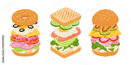 Sandwiches with Various Ingredients. Vector cartoon illustration of sandwich, bagel, burger with meat, fish, avocado, egg, cheese and vegetables.