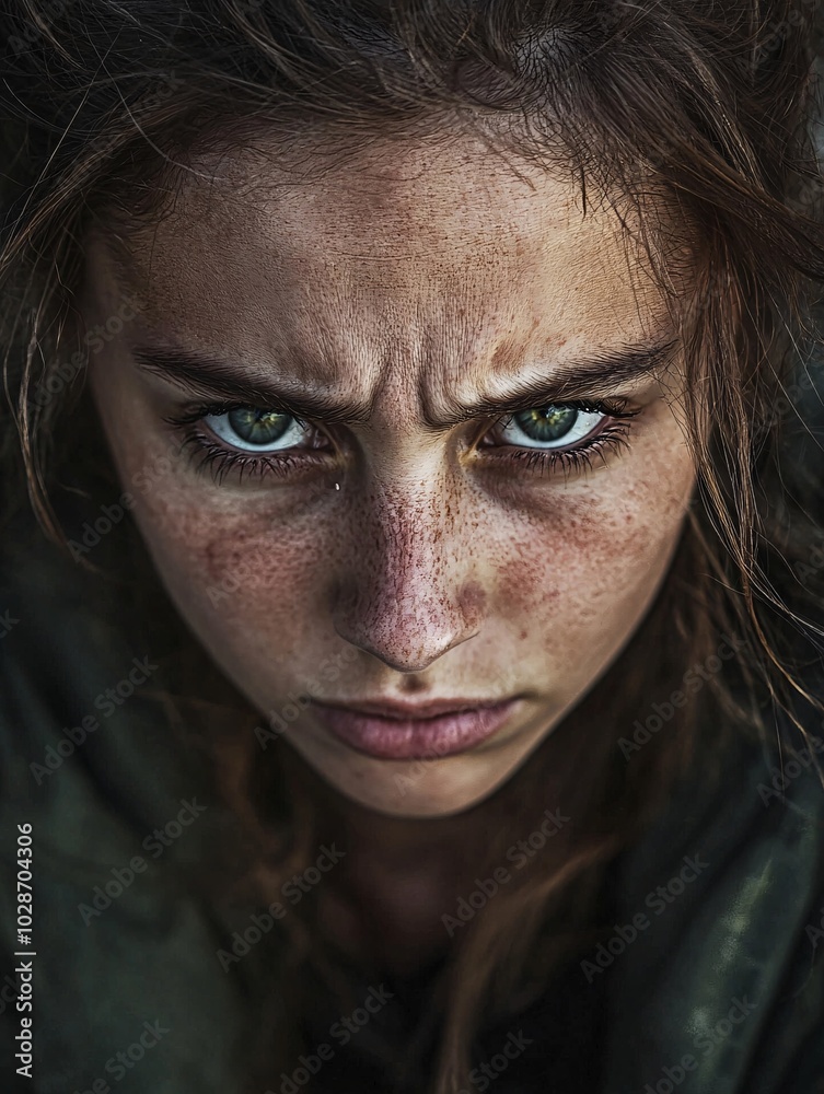 A striking portrait captures a woman with fierce eyes, radiating an aura of defiance as she gazes boldly at the viewer.