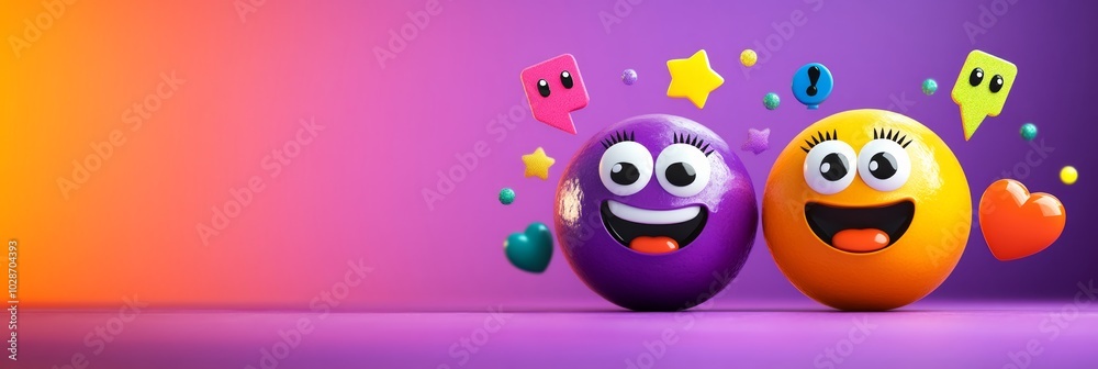 Obraz premium Two smiling faces with hearts and stars surrounding them. Scene is happy and playful. ball are arranged in a way that they look like they are connected, social media icons in the background