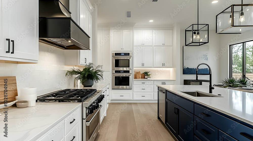 Modern kitchen with white cabinetry and dark blue island. Modern kitchen with white cabinetry and dark blue island.