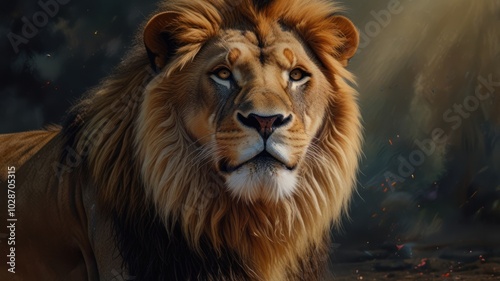 a lion standing tall against a dramatic backdrop of mountains and stormy skies. Its powerful build and piercing eyes exude an aura of strength and dominance.