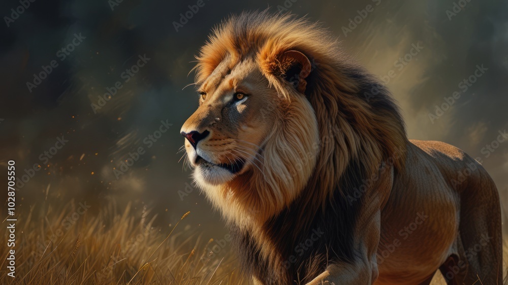 Obraz premium a lion standing tall against a dramatic backdrop of mountains and stormy skies. Its powerful build and piercing eyes exude an aura of strength and dominance.
