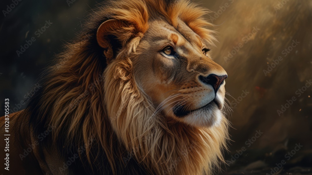 Fototapeta premium a lion standing tall against a dramatic backdrop of mountains and stormy skies. Its powerful build and piercing eyes exude an aura of strength and dominance.