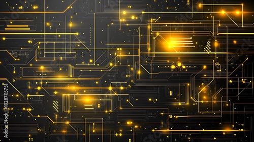 Abstract glowing circuit board with gold lines.