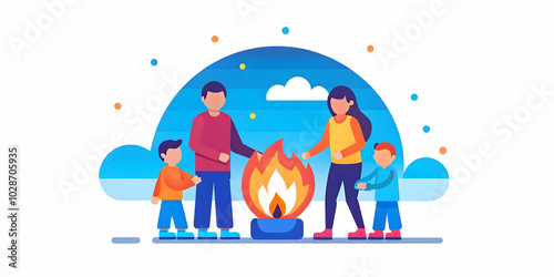 Family Moments at Sunset: Candid Capture of Togetherness by the Cozy Bonfire with Copy Space for Text