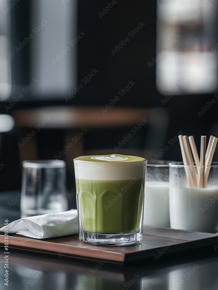 Glass of green tea with a green powder on top sits on a wooden tray Glass of green tea with a green powder on top sits on a wooden tray