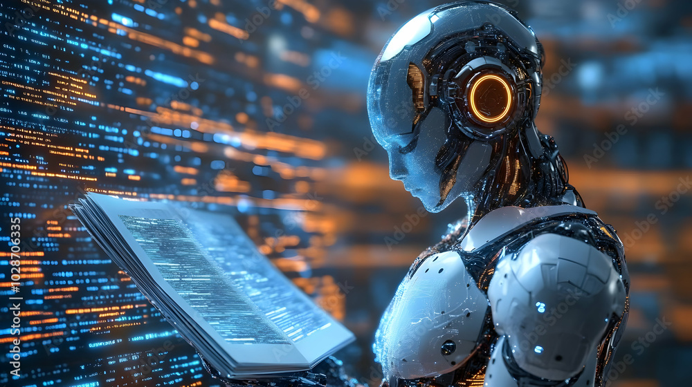A futuristic robot reading a digital book in a tech environment. A futuristic robot reading a digital book in a tech environment.