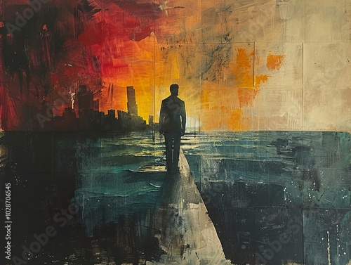 Man Walking Towards the Sunset Cityscape Painting