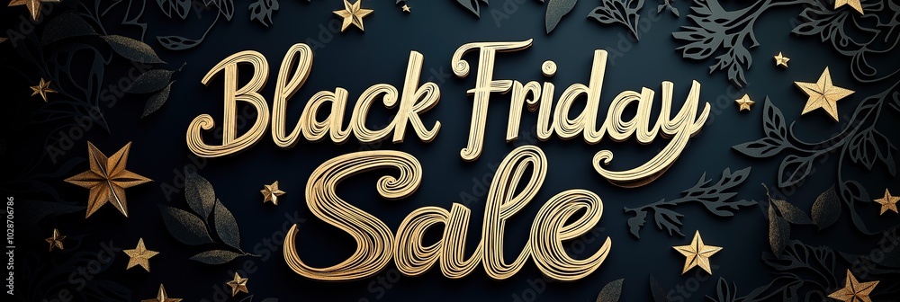 Elegant Black Friday Sale Banner with Paper-Cut Script and Gold Star Accents on Matte Black Elegant Black Friday Sale Banner with Paper-Cut Script and Gold Star Accents on Matte Black