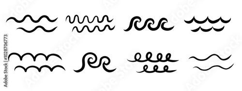 Doodle sea wave icons. hand drawn scribble water big and small waves. Ocean water flow curve lines. Aqua vector symbols isolated on transparent background.