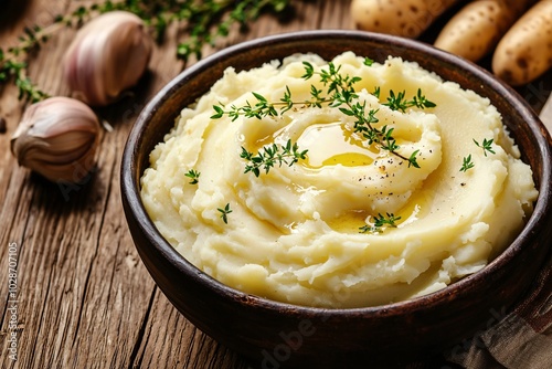 Rich and velvety mashed potatoes served in a charming bowl, topped with vibrant herbs and a splash of warm butter, poised to enhance any dish. photo