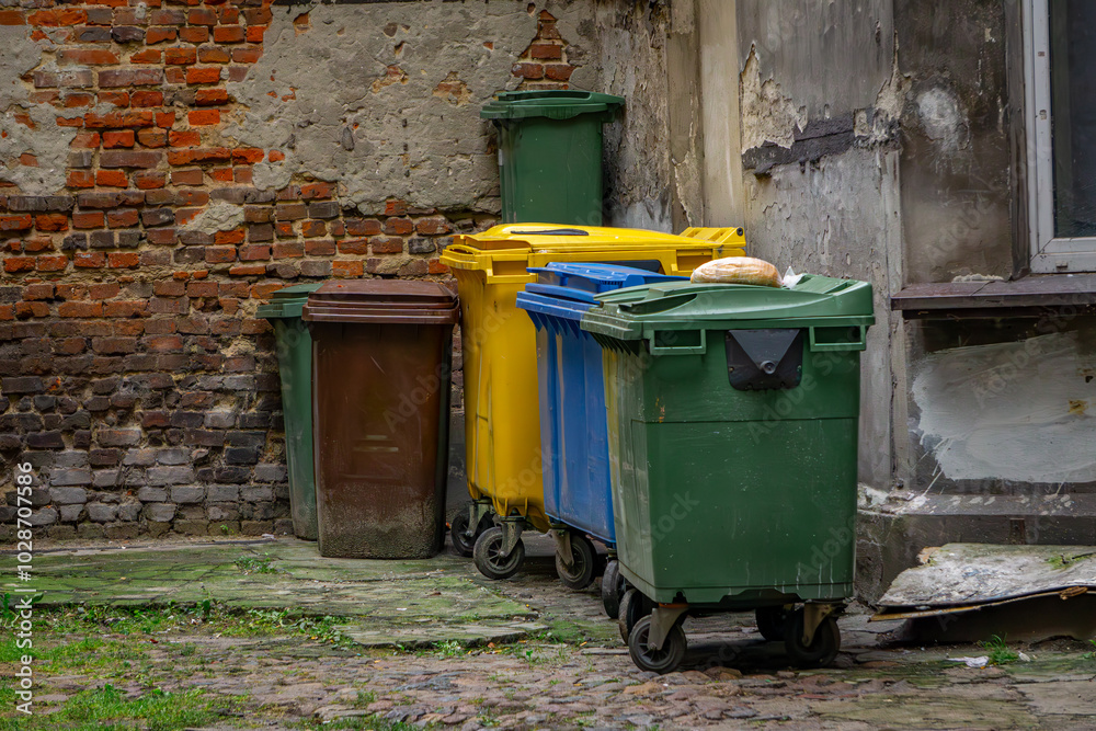 Obraz premium garbage cans standing next to an abandoned ruined building in the city center. chipped, destroyed walls of an old tenement house